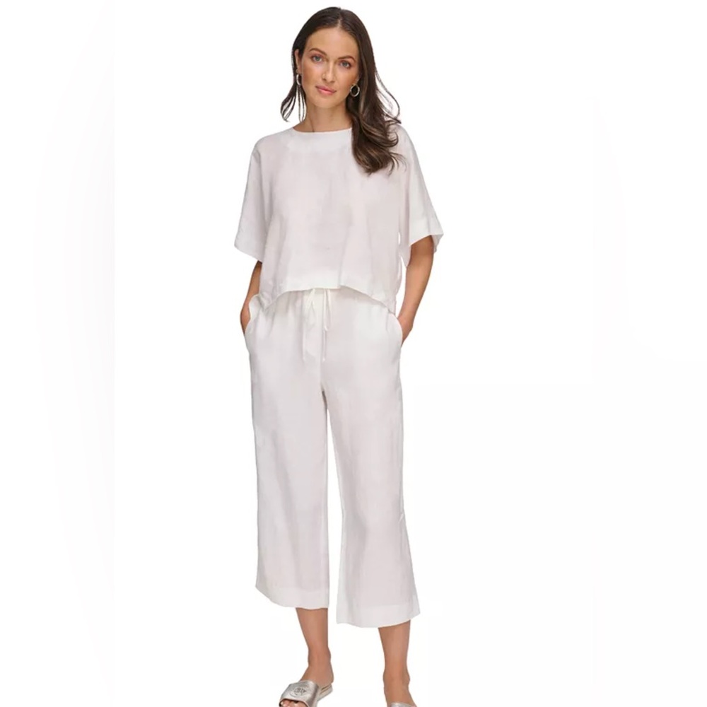 DKNY White Short-Sleeve Boxy Linen Top size large